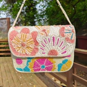 Pink White Floral Beaded Bag, Beaded Box Bag, Seed Bead Handbag, Shoulder Beaded Purse, Party Evening Purse, Gift for Her, Unique Clutch