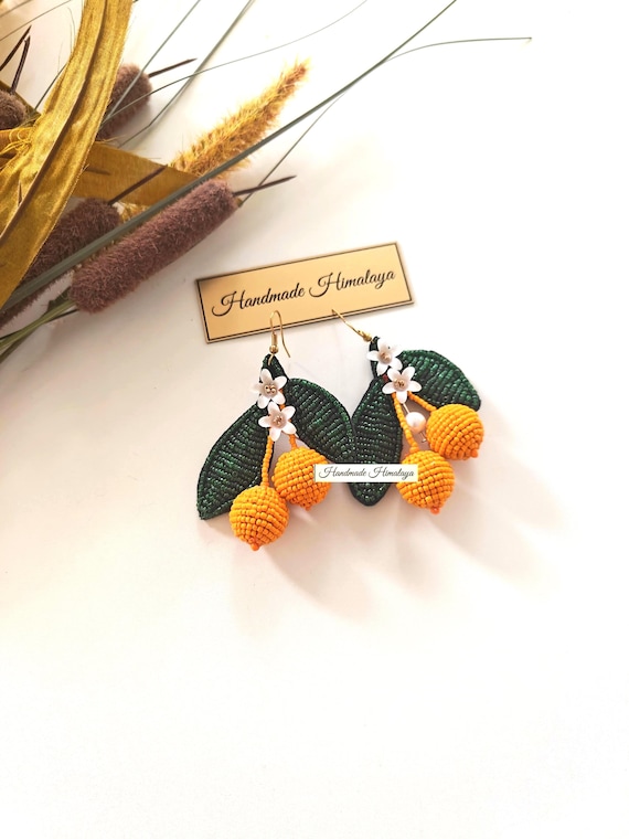 Orange Beaded Earrings | Citrus Fruit Statement Earrings
