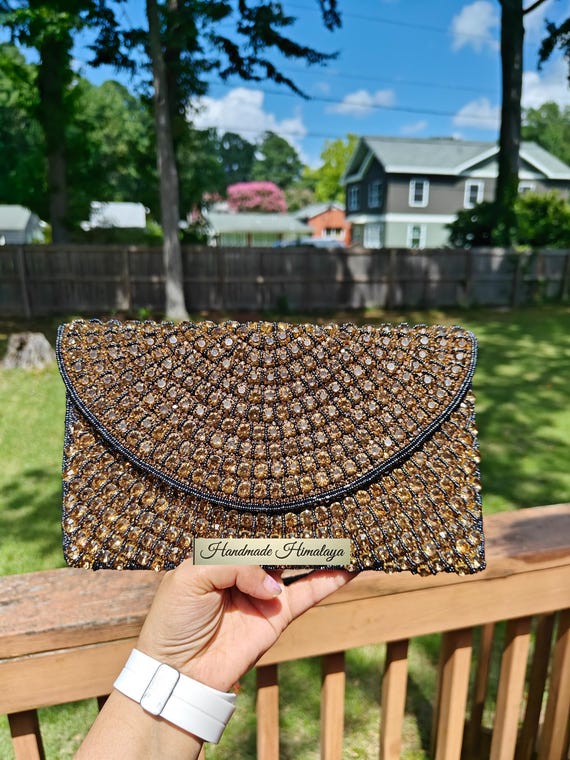 Gray Clutch, Gold Crystal Beaded Purse, Crossbody Bag, Party Evening Clutch, Beaded Clutch, Cocktail Formal Purse, Heavily Embellished Bag