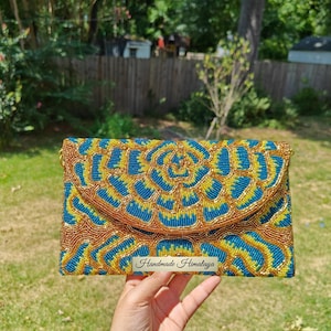 Beaded Floral Clutch: Gold Blue Crossbody Bag, Party Evening Purse