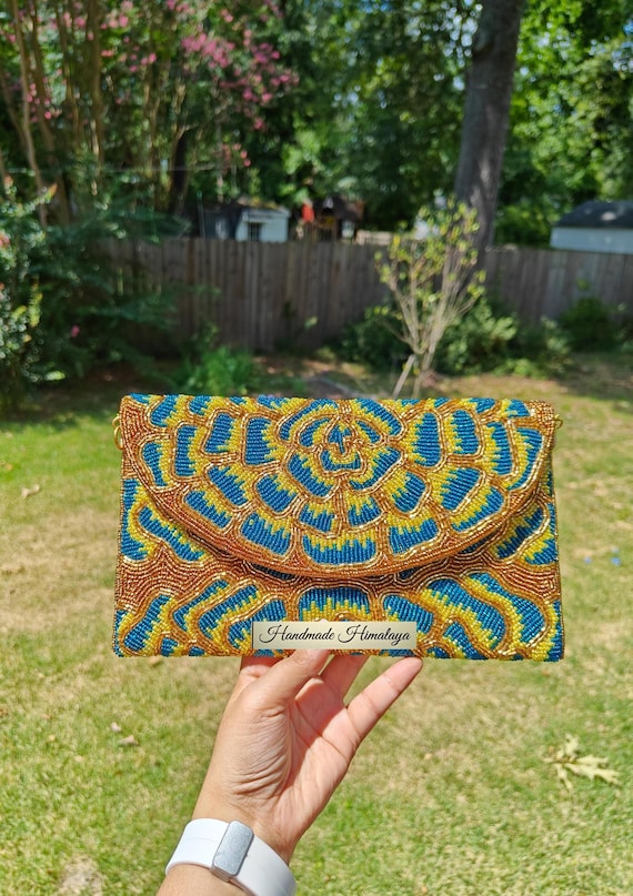 Gold Blue Beaded Clutch, Yellow Blue Floral Crossbody Bag, Party Evening Clutch, Gift for Her, Flower Purse, Beaded Purse, Summer Bag