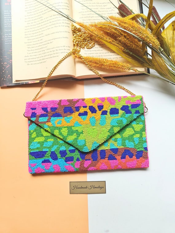 Colorful Beaded Clutch, Beaded Purse, Summer Handbag, Gift for Her, Pink Green Bead Bag, Crossbody Bag, Party Evening Clutch