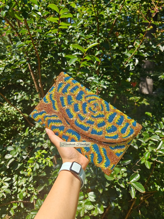 Yellow Gold Blue Beaded Clutch | Colorful Wedding Evening Bag