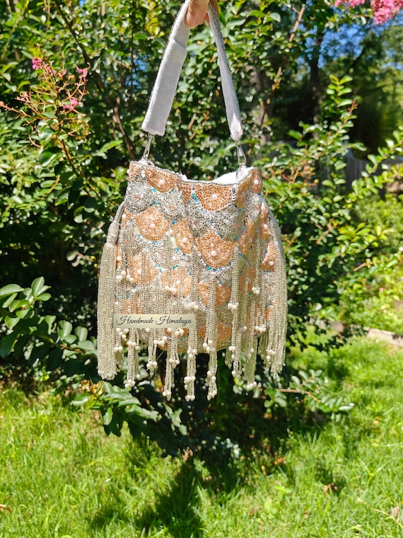Rose Gold Silver Potli Bag, Beaded Bridal Purse, Embellished Indian Wedding Handbag, Pearl Fringe Evening Clutch, Luxury Festival Bag