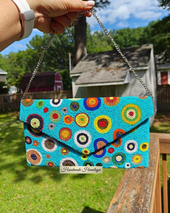 Blue Beaded Clutch, Crossbody Bag, Party Evening Bag, Beaded Purse, Summer Clutch, Multicolor Envelope Purse, Gift for Her, Trendy Purses
