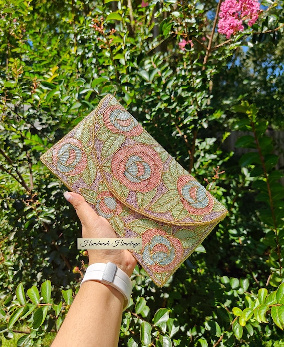 Pastel Beaded Clutch, Rose Embroidered Purse, Green Beaded Purse, Crossbody Bag, Party Evening Clutch, Gift for Her, Envelope Floral Bag