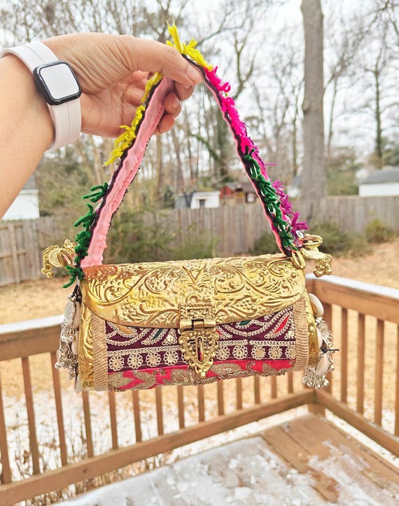 Engraved Gold Brass Clutch Bag, Embroidered Kuchi Fabric, Boho Tribal Purse