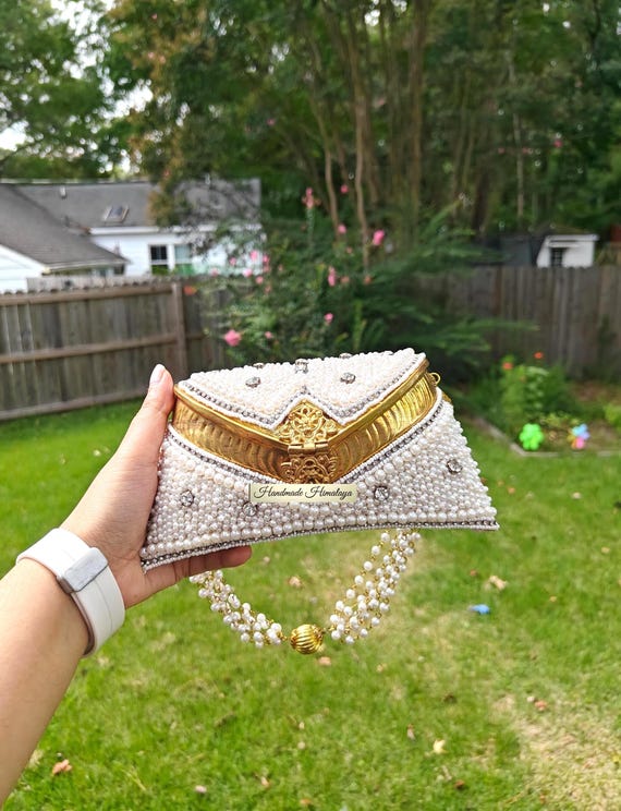 Beaded Pearl White Clutch, Beaded Purse, Bridal Wedding Bag, Bridesmaid Gift, Wedding Day Clutch, Party Evening Bag, Pearl Brass Metal Bag