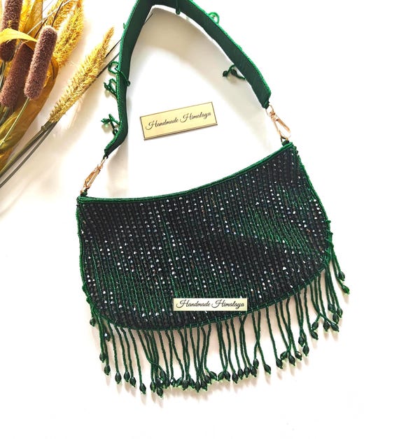 Emerald Green Beaded Bag | Fringe Evening Small Shoulder Purse