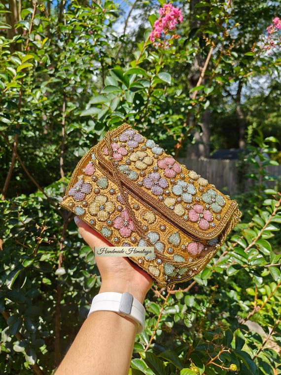 Antique Gold Purse, Pastel Flower Bag, Crossbody Bag, Floral Purse, Party Evening Clutch, Beaded Bag, Sling Bag, Summer Bag