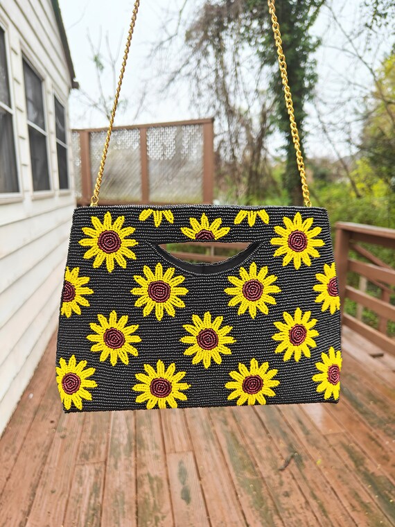 Sunflower Beaded Clutch, Party Evening Bag, Summer Beaded Bag, Crossbody Bag, Gift For Her, Yellow Black Purse, Beaded Handbags