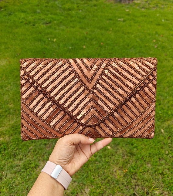 Bronze Copper Beaded Clutch, Sequin Beaded Purse, Crossbody Bag, Summer Purse, Prom Clutch, Party Evening Clutch, Gift for Her
