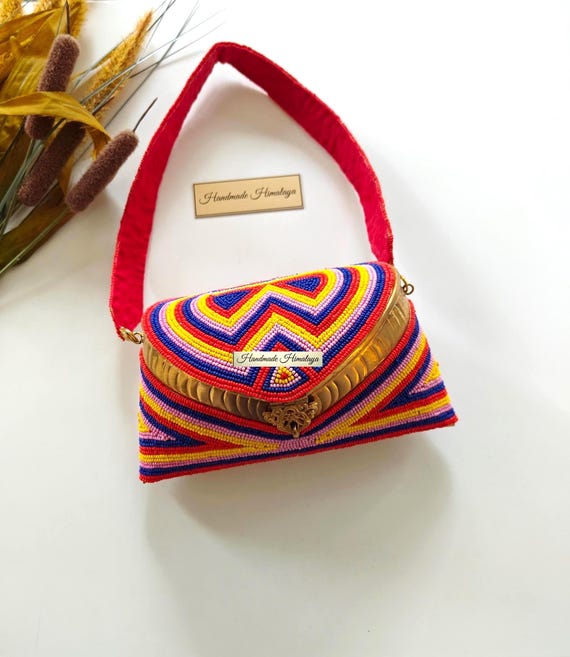Colorful Beaded Brass Bag | Indian Wedding Bridal Handbag Ethnic Boho Purse