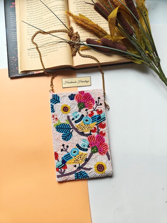 Beaded Phone Bag, Beaded Purse, Bird Clutch, Crossbody Bag, Mobile Purse, Beaded Clutch, Summer Bag, Gift for Her, Colorful Pink Beaded Bag