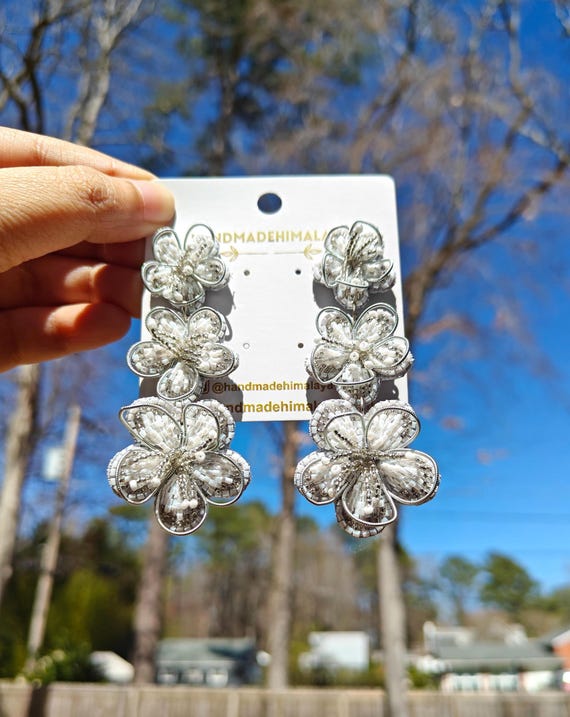 White Silver Beaded Floral Earrings | Flower Dangle Earrings | Handmade Bridal Wedding Jewelry