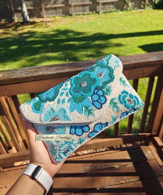 Handmade Floral Beaded Clutch: Blue Wedding Purse