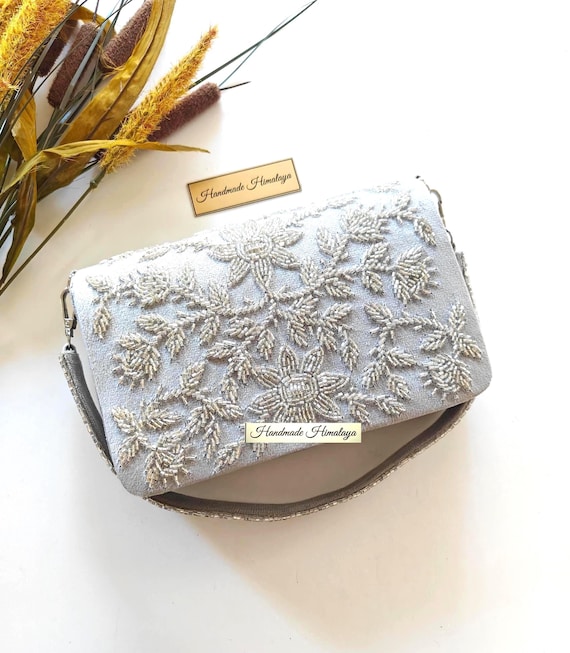 Silver Floral Beaded Clutch | Pale Gray Velvet Wedding Bag