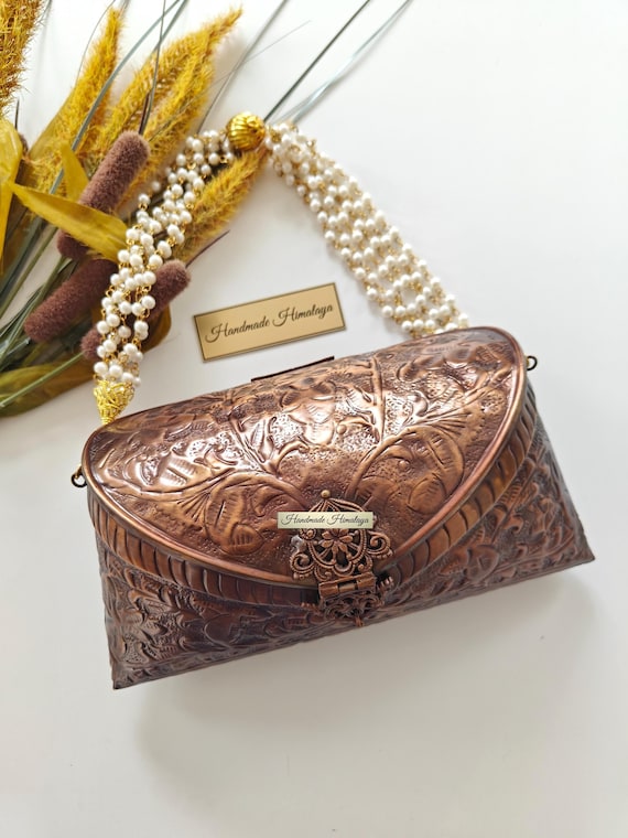Embossed Copper Metal Clutch | Pearl Strap Wedding Purse | Vintage Floral Evening Bag