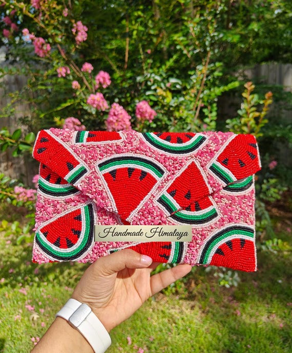 Watermelon Beaded Purse, Summer Fruit Clutch, Evening Handbag, Party Gift for Her, Red Pink Beaded Bag, Crossbody Bag, Womens Bead Bag