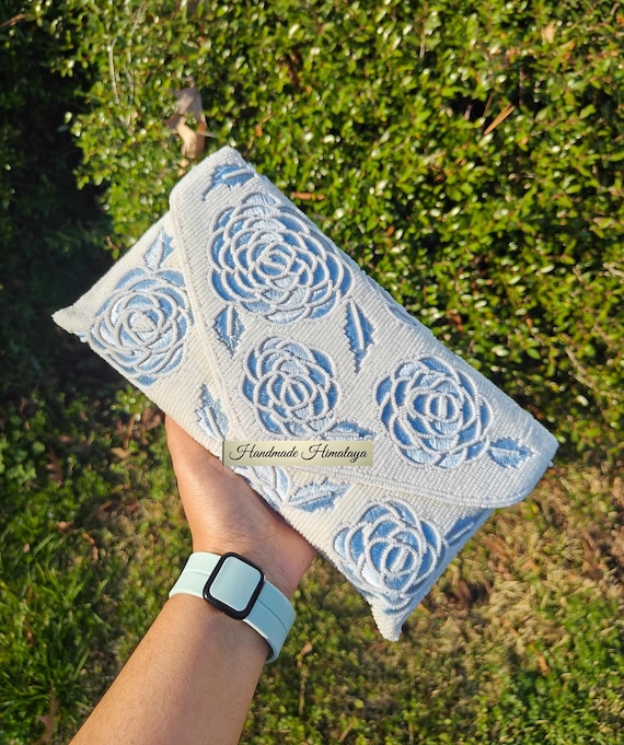 Blue Rose Beaded Clutch | White Floral Bridal Bag | Pastel Flower Evening Purse