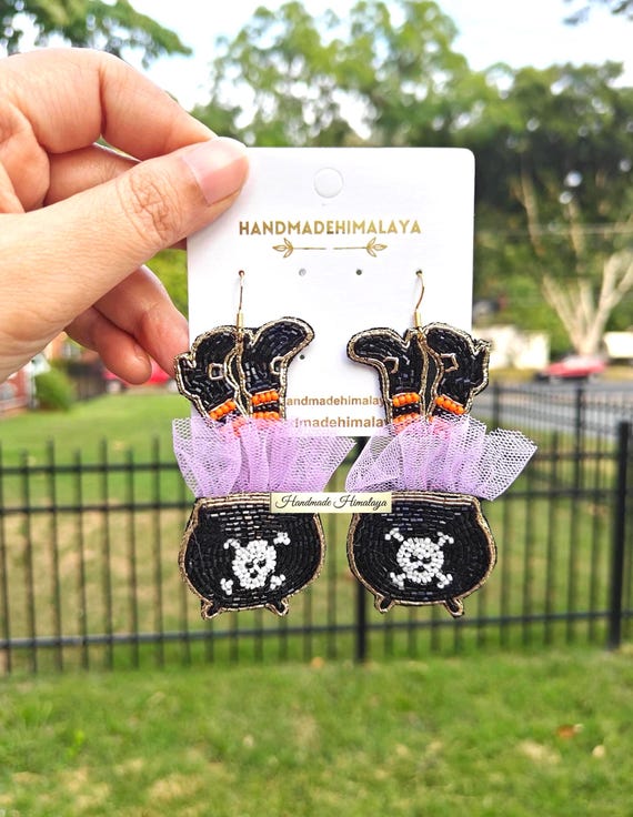 Black Beaded Witch Earrings | Boot And Cauldron Design Halloween Dangle