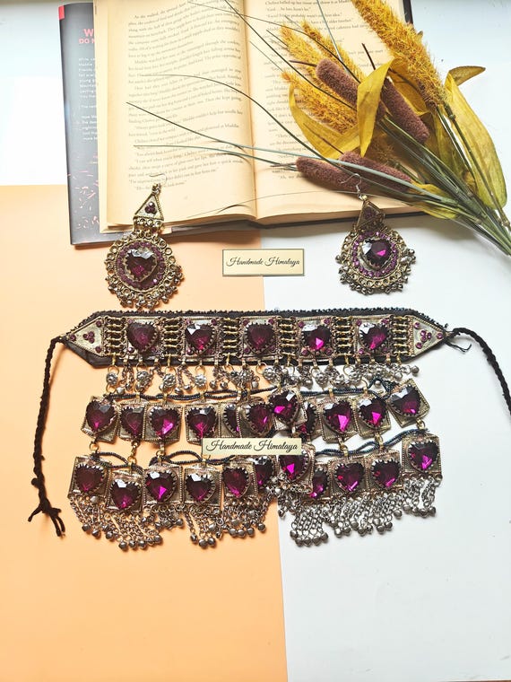 Vintage Purple Afghan Choker Set with Heart Charms and Matching Earrings