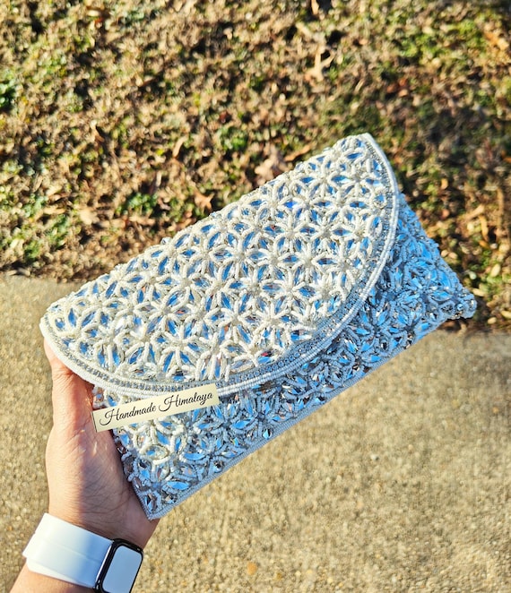 Silver White Beaded Clutch Wedding Purse Bridal Evening Bags Crossbody Formal Party Handbags