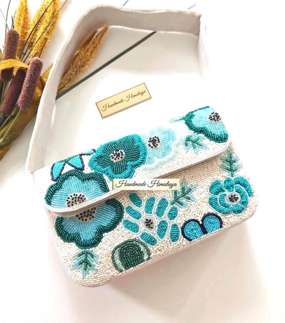 Teal Turquoise Floral Bridal Beaded Bag | Bridal Evening Shoulder Purse