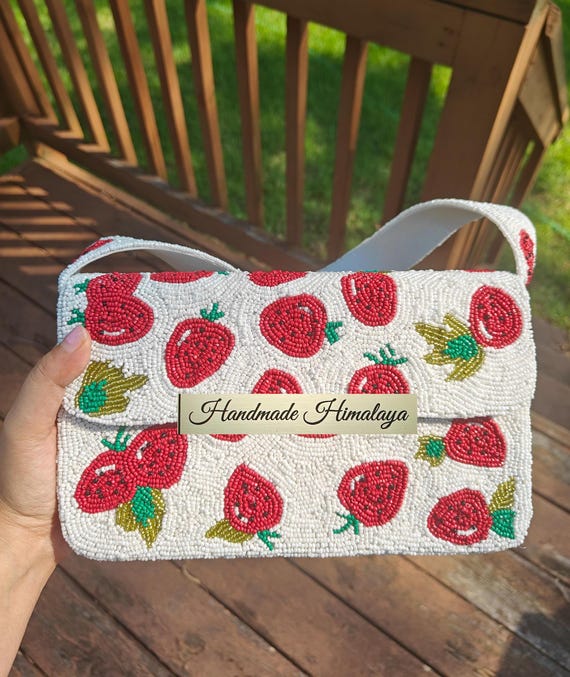 Strawberry Beaded Shoulder Bag, White Beaded Bag, Beaded Purse, Fruit Handbag, Strawberry Purse, Party Evening Bag, Handmade Himalaya