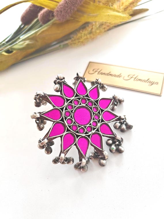 Pink Afghan Mirror Ring | Tribal Ethnic Jewelry | Indian Glass Big Brass Ring