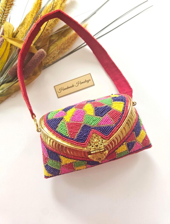 Colorful Beaded Brass Purse | Vibrant Metal Box Bag | Festive Party Wedding Handbag