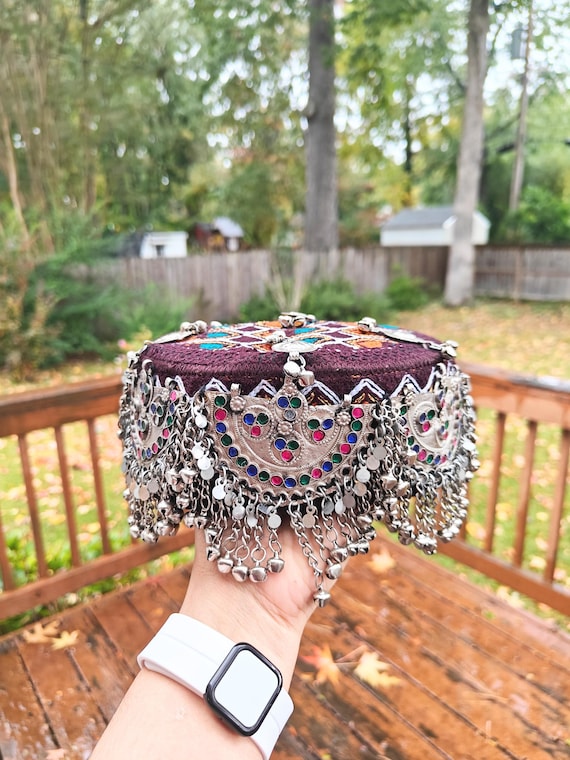 Embroidered Afghan Mathapati Cap: Kuchi Tribal Headpiece Embellished