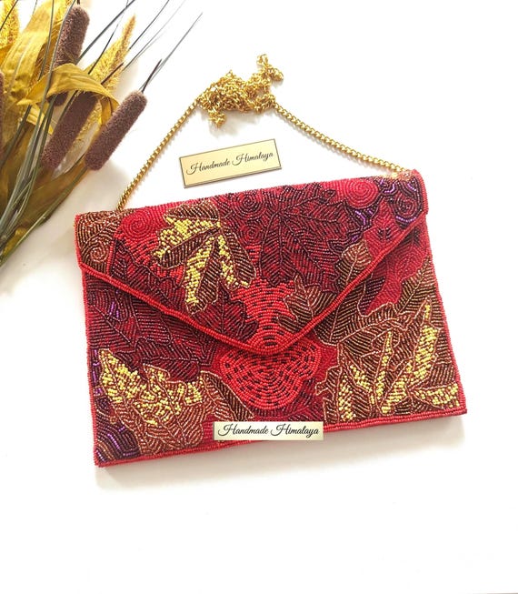 Autumn Maple Leaf Evening Clutch | Gold Red Burgundy Beaded Fall Wedding Purse