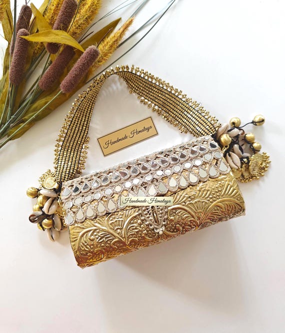 Vintage Gold Brass Bag: Kuchi Mirrorwork Indian Wedding Crossbody Metal Purse