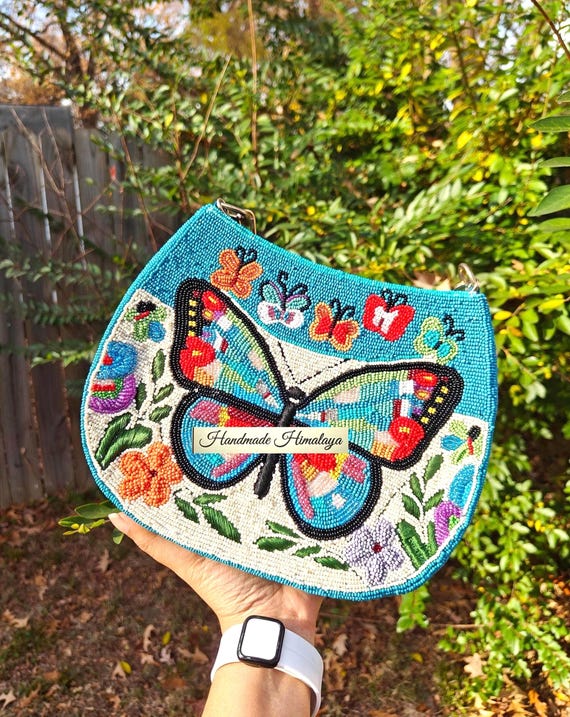 Butterfly Beaded Bag: Blue Turquoise Floral Summer Shoulder Handbag