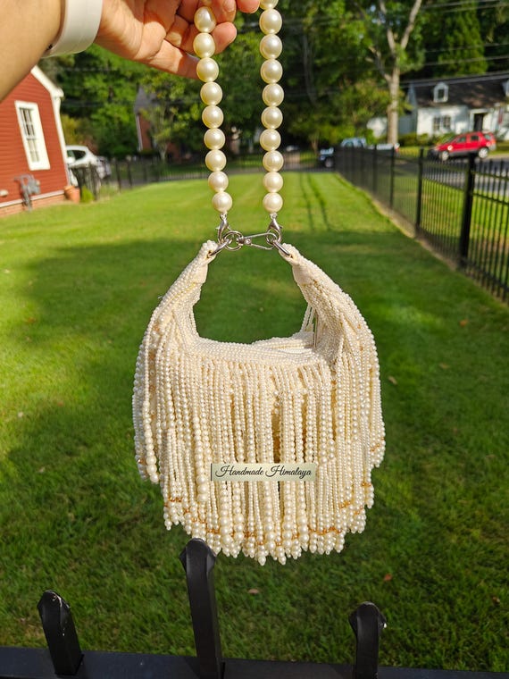 Pearl Beaded Bridal Bag: Wedding Potli Purse with Wristlet Handle and Fringes