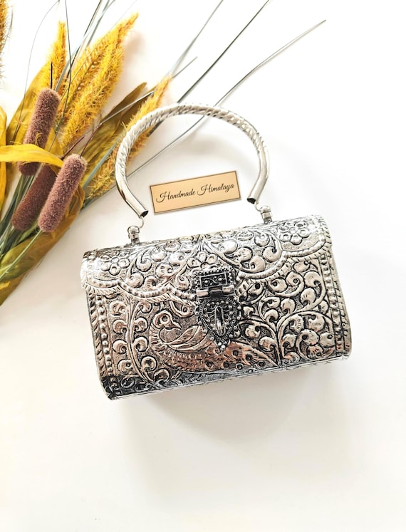 Engraved Silver Clutch Bag |  Floral Embossed Brass Box Purse |  Bridal Party Metal Handbag