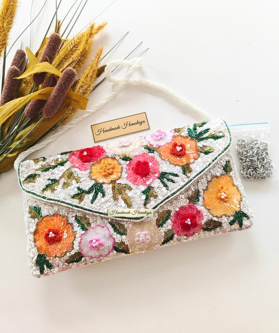 Floral Beaded Clutch Purse, 3D Sequin Flower Evening Bag with Detachable Crossbody Chain, Bridal Summer Handbag