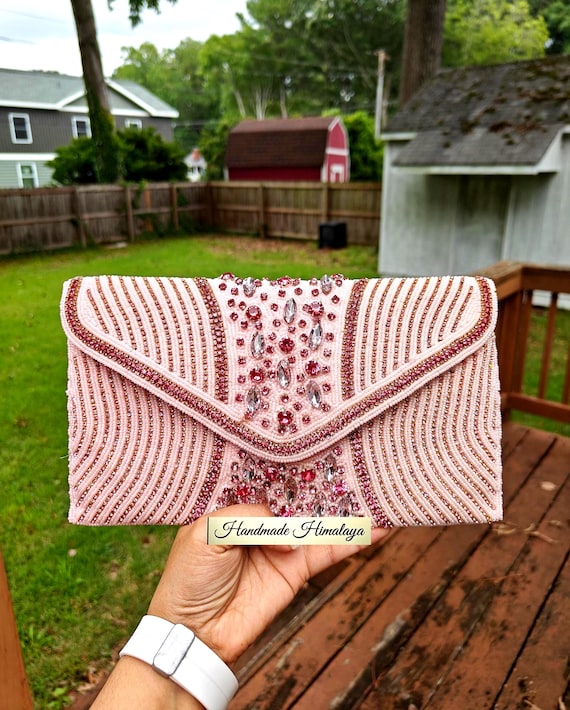 Pink Beaded Clutch, Rhinestone Embroidered Purse, Crossbody Purse, Party Evening Bag, Prom Purse, Gift for Her, Formal Purse, Beaded Purse