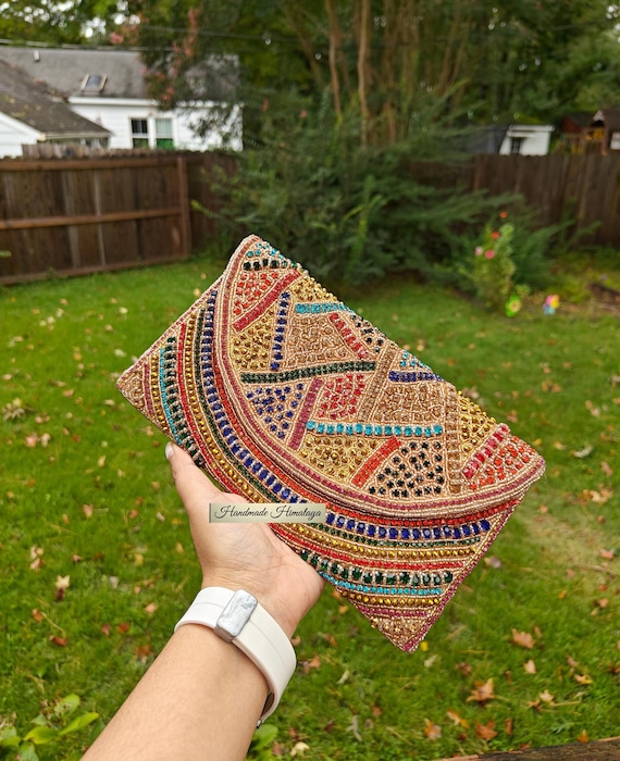 Rose Gold Clutch, Beaded Colorful Rhinestone Embellished Party Evening Bag