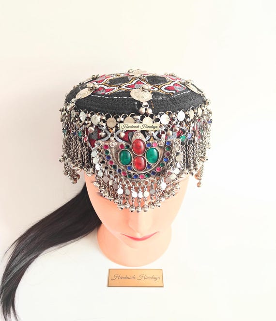Embroidered Afghan Mathapati Cap Halima Sultan Style Jewel Embellished Black Tribal Hat