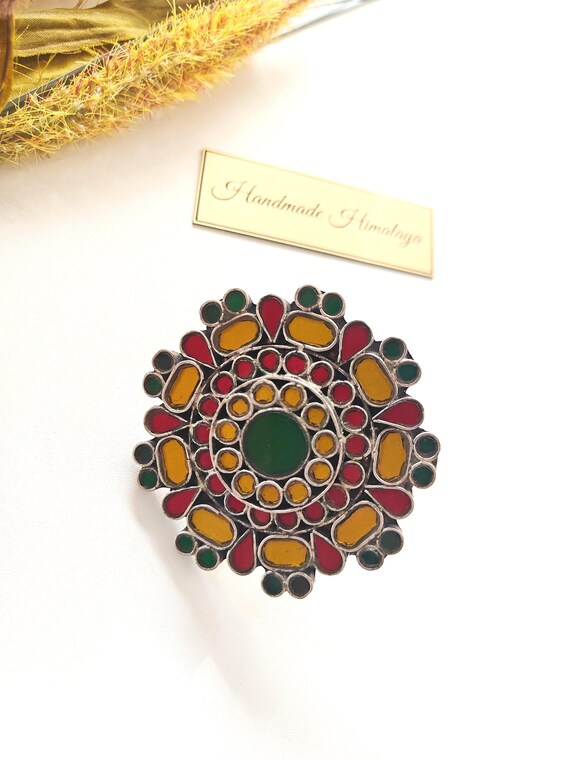 Afghan Mirror Ring | Tribal Brass Finger Jewelry | Ethnic Red Green Glass Band for Festivals