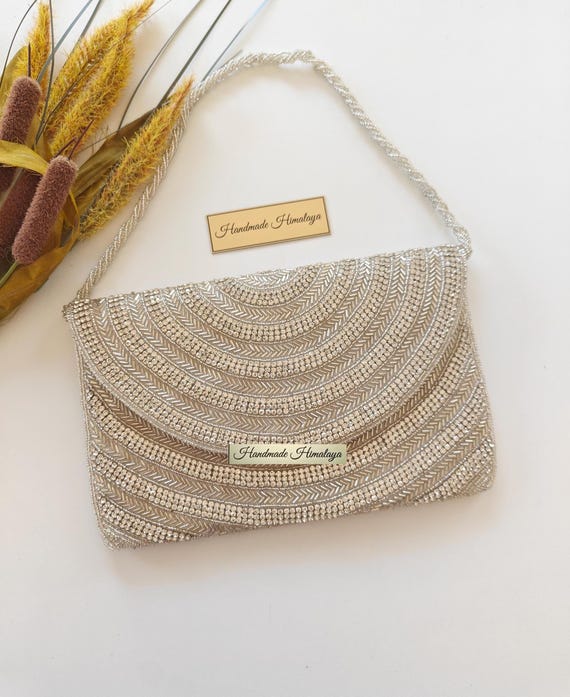 Silver Crystal Beaded Clutch Bag | Rhinestone Bridal Wedding Purse | Metallic Bead Party Evening Handbag