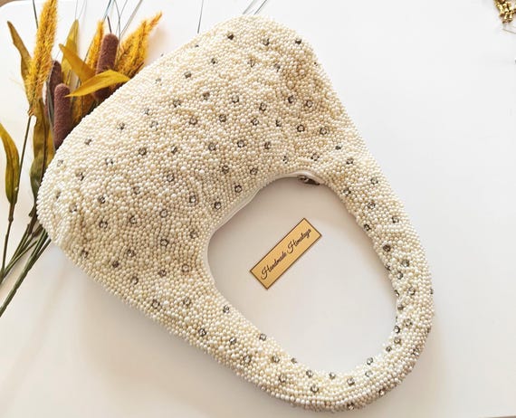 Ivory Pearl Beaded Bag for Wedding - Crystal Embellished Bridal Handbag and Evening Purse