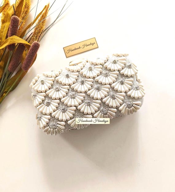 Pearl Bridal Clutch | White Floral Wedding Purse for Bride