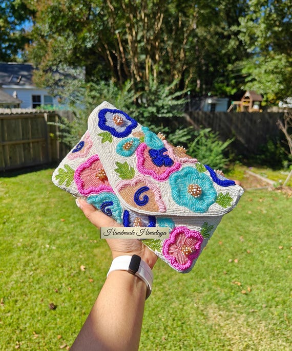 Floral Beaded Purse, Multicolor Wedding Clutch, Pastel Embroidered Evening Bag