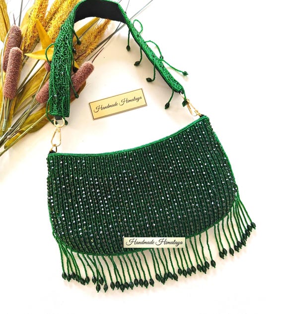Emerald Green Beaded Fringe Clutch Bag, Handmade Evening Wedding Purse, Sparkly Emerald Shoulder Bag