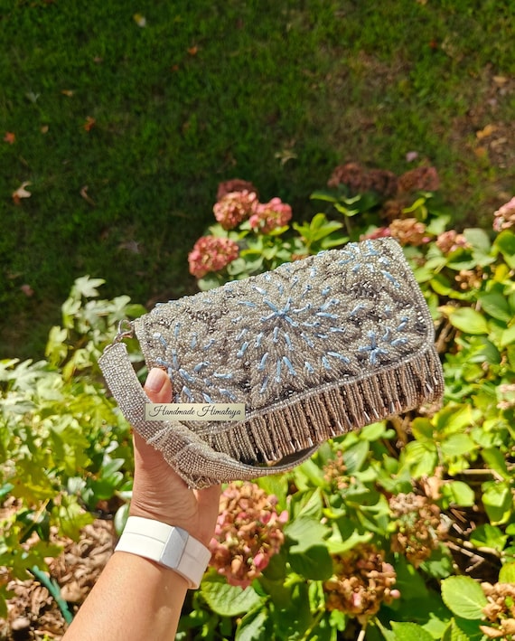 Gray Silver Blue Beaded Bag: Floral Embroidered Evening Clutch Purse Crossbody Detachable Handle