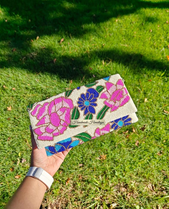 Colorful Beaded Clutch, Pink Flower Purse, Crossbody Bag, Party Evening Clutch, Spring Wedding Purse, Floral Handbag, Beaded Purse, Gift