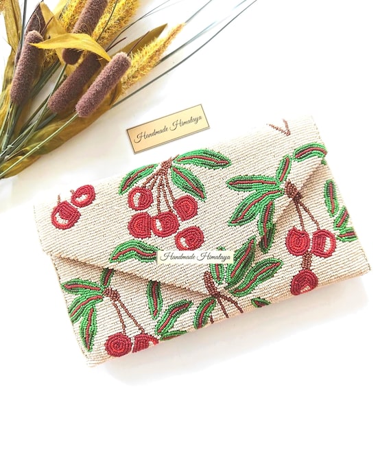Cherry Beaded Clutch: Embroidered Berries Fruit Purse Summer Crossbody Evening Bag
